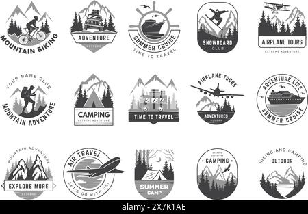 Außenabzeichen. Abenteuer mit Wanderlogo und Erkundung der Zeit Klettern Wandern Reiten Camping aktuelle Vektor-Touren im Freien Stock Vektor