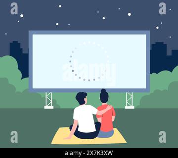 Open-Air-Kino-Datum. Paare warten auf Filmstart, Abendverabredung im Stadtpark. Erholung und Erholung, flache Unterhaltung über die Natur neuere Vektorszene Stock Vektor