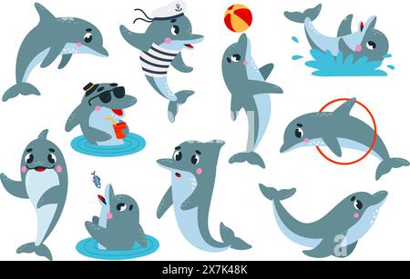 Zeichentrickdelfine. Lustiger Delfin, der spielt und Tricks macht. Unterwassertiere in verschiedenen Stellungen und Emotionen, klassische Vektorfiguren im Meer Stock Vektor