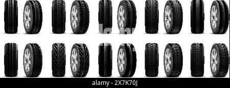Realistisches Reifenprofil. Gummireifen Automobilschutz Textur Typ, 3D isolierte Auto Rad Reifen Vorderansicht, Auto Reifen für Winter oder Sommer Straßenrennen, Vektor Illustration des Rad Gummi Fahrzeug Stock Vektor