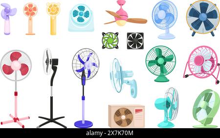 Elektrische Cartoon-Lüfter. Elektrische Ventilatorindustrie oder Gerät, Kühlluft-Heißwind-Gebläse-Ventilatortisch drehbare Propellersteuerung, geniale Vektordarstellung des Luft-elektrischen Lüfterpropellers Stock Vektor