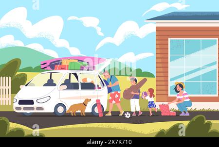Familienwagen. Leute packen Gepäck Vorbereitung für Urlaub Reise oder Urlaub Zufahrt, Vater Mama beladen Koffer im offenen Kofferraum Reisende verlassen Haus, Vektor Illustration der Leute packen Fahrzeug Stock Vektor