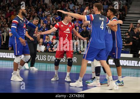 Earvin Ngapeth , Jénia Grebennikov , Barthélémy Chinenyeze , Jean Patry von Frankreich während des Internationalen Freundschaftsvolleyballspiels zwischen Frankreich und den Niederlanden am 18. Mai 2024 in der Co'Met Arena in Orléans, Frankreich - Foto Laurent Lairys / DPPI Stockfoto