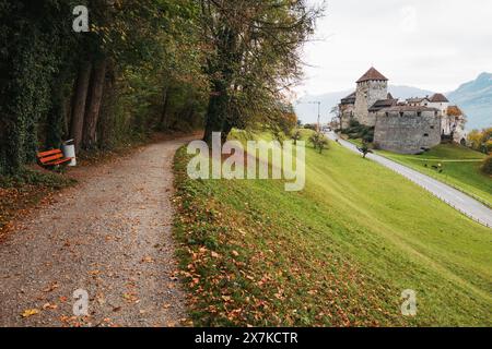 Ein Schotterweg schlängelt sich durch einen Wald, der zu einem Hügel führt, wo das Schloss Vaduz stolz in der Ferne steht Stockfoto