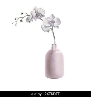 Zweig tropischer weißer Orchideenblüten mit Knospen in dekorativer, matter Vase im Innenraum rosa-grauer Farbe. Schlichter STYLE. Aquarellillustration, botanisch Stockfoto