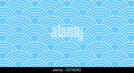 Blaues und weißes japanisches Seigaiha-Muster. Meer- oder Meereswellen-Hintergrund. Muschelmuster. Fisch Squama oder Drachenschuppe. Einfaches geometrisches Ornament mit runden Formen. Vektorgrafik. Stock Vektor