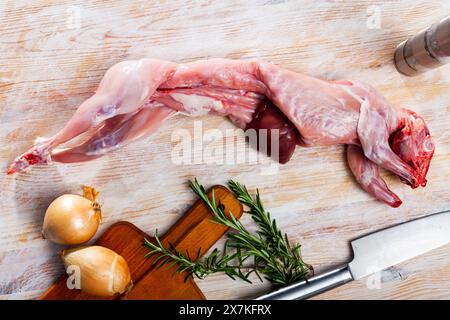 Rohes Kaninchen mit Zwiebeln und Gewürzen Stockfoto