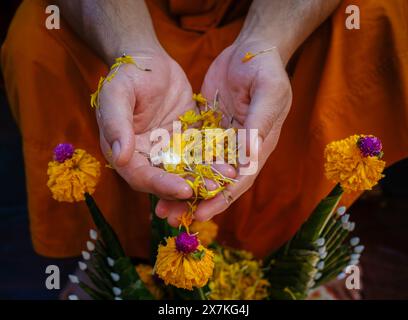 Die Hände eines thailändischen buddhistischen Mönchs während einer Songkran-Wassersegnungszeremonie im ländlichen Thailand Stockfoto