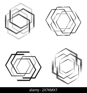 Vektorset für geometrische Formen. Abstrakte Sechsecksymbole. Schwarze Strichgrafik. Stock Vektor