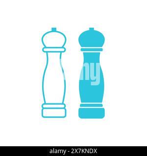 Symbol für zwei manuelle Salz- und Pfeffermühlen. Isoliert auf weißem Hintergrund. Aus blauer Symbolgruppe. Stock Vektor