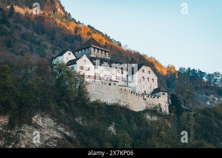 Schloss Vaduz, ein großes weißes Gebäude mit roten Dachziegeln auf einem steilen, grünen Hügel, dient als Residenz des Fürsten von Liechtenstein Stockfoto