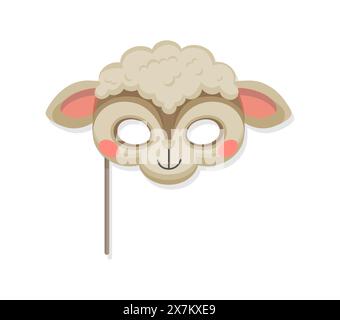 Schafe Tier Karneval Party Maske, Vektor Kostüm von Kinderfest, Geburtstag oder Halloween Feiertag. Cartoon niedliches Gesicht von flauschigen weißen Schafen, Bauerntiermaske am Stock. Kostümparty Fotokabine Requisite Stock Vektor