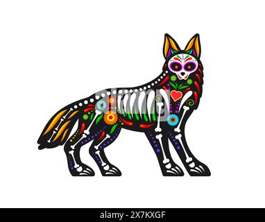 Mexikanischer Tag des toten Tierzuckerschädeltattoos. Isolierte Vektor lebendige Wildtierfigur, die mit bunten Mustern und traditionellen Motiven verziert ist und das Leben und die Erinnerung feiert Stock Vektor