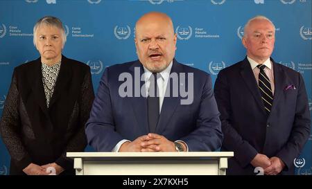 Den Haag, Niederlande. Mai 2024. Der Chefankläger des Internationalen Strafgerichtshofs Karim Khan beantragte Haftbefehle für Netanjahu und Verteidigungsminister Yoav Gallant. Der Antrag des IStGH auf Haftbefehle umfasste auch Hamas-Führer wegen Kriegsverbrechen und Verbrechen gegen die Menschlichkeit am Montag, den 20. Mai 2024. Foto: International Criminal Court (ICC)/ Credit: UPI/Alamy Live News Stockfoto