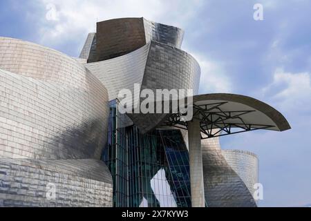 Guggenheim Museum Bilbao am Ufer des Nervion, Architekt Frank O. Gehry, Bilbao, detaillierte Ansicht des Museums für moderne Kunst, strukturiert Stockfoto