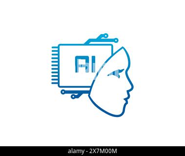 Symbol für künstliche Intelligenz, Symbol für maschinelles Lernen des KI-Kopfes mit Gehirn-Chipsatz, Vektor-Emblem. Künstliche Intelligenz und digitale Geisttechnologie Ikone des KI-Kopfes mit Computer-Chip der Innovation Stock Vektor