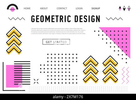 Abstrakte geometrische memphis-Landingpage. Webseitenvorlage für Geschäftsprojekte, Hintergrund für Startup-Start-Landing-Page. Layout-Vorlage für Social-Media-Homepage des Unternehmens mit farbenfrohem Memphis-Element Stock Vektor