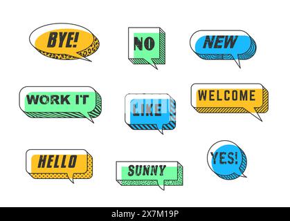 Memphis Sprachblasen und Nachrichtenwolken, Vektorbeschriftungen mit dünnen Linien. Chatten Sie Sprechblasen mit linearen Memphis Formen und geometrischen Mustern für Hallo, Ja oder Nein und Willkommen oder gefällt mir Stock Vektor