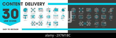 CDN-Zeilensymbole. Netzwerksymbole für die Inhaltsbereitstellung. Analyse, Kundenwachstum, Top-Suchanfragen und Backup. Netzwerk, schnelle Inhaltsbereitstellung, Ladeseite. Datenverkehr sparen, technischer Support, sichere Verbindung Stock Vektor