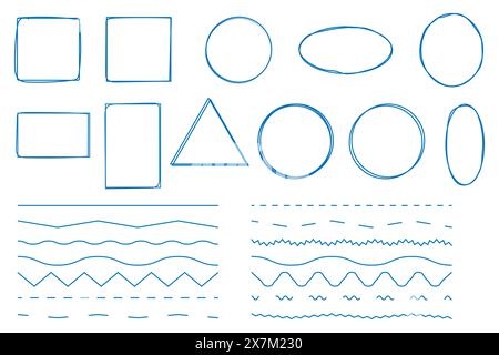 Handgezeichnet verschiedene Rahmen und Zickzacklinien in einer Skizze mit grafischen Elementen im Doodle-Stil. Stock Vektor