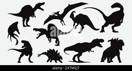 Dinosaurier Silhouette Vektor Set mit verschiedenen prähistorischen Arten in detaillierten künstlerischen Designs Stock Vektor