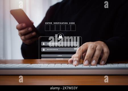 Zwei-Schritte-Authentifizierung oder 2FA-Konzept. Ein leeres Eingabefeld für den Verifizierungscode mit Anmeldeseite wird angezeigt, wenn ein Mann das Mobiltelefon zur Validierung des Kennworts verwendet, i Stockfoto