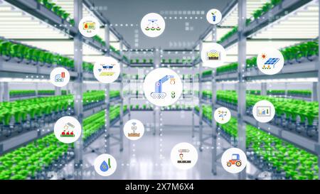 Landwirtschaftstechnologie mit 3D Rendering Indoor Farm System erhöhte Pflanzen in den Regalen Wachstum mit LED-Licht Stockfoto