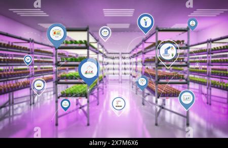 Landwirtschaftstechnologie mit 3D Rendering Indoor Farm System erhöhte Pflanzen in den Regalen Wachstum mit LED-Licht Stockfoto