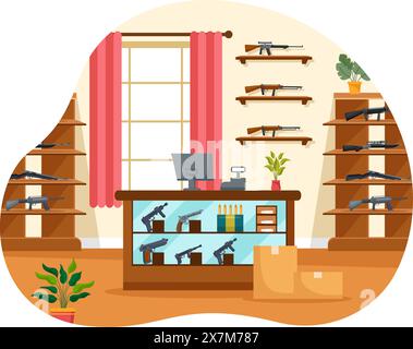 Gun Shop oder Jagd Vektor Illustration mit Gewehr, Kugel, Waffe und Jagdausrüstung in einem flachen Stil Cartoon Hintergrund Design Stock Vektor