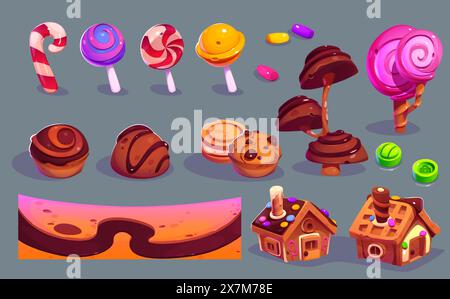 Creation Kit für Spielebenen – Bonbonland-Assets. Cartoon-Vektor-Set mit süßem Dessert für die traumhafte Welt Landschaft - Boden mit Schokoladenfluss, Häusern, Bäumen und Gegenständen von Keksen, Lutscher und Waffeln. Stock Vektor