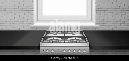 Küchenherd mit Gasherd aus Stahl, Fenster und weißer Backsteinwand. Realistische 3D-Vektor-Illustration der schwarzen glänzenden Oberfläche zum Kochen mit Kochfeld. Leeres Restaurant oder Innenausstattung mit Hausmannskost. Stock Vektor
