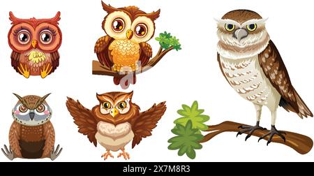 Fünf verschiedene Eulen in leuchtenden Farben Stock Vektor
