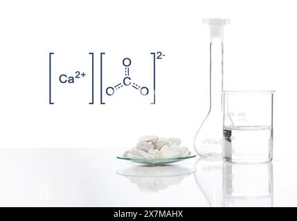 Calciumcarbonatchip in chemischem Uhrglas mit molekularer Struktur auf weißem Labortisch. Seitenansicht Stockfoto