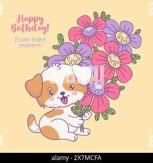 Alles Gute zum Geburtstag Hund mit Blumenstrauß. Weihnachtscartoon-Tierwelpe mit Kawaii-Charakter und Slogan gratulieren. Vektorabbildung. Kinder colle Stock Vektor