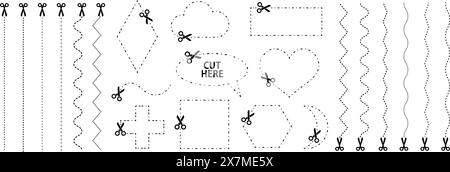 Schere mit Schnittlinien. Vektorsammlung verschiedener geometrischer Formen mit gestrichelten Strichen und Schere, die das Papier nach verschiedenen Formen schneidet Stock Vektor