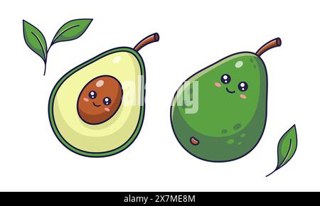 Niedlicher Kawaii Avocado Charakter ganz und geschnitten. Vektor Hand gezeichnete Zeichentricksymbol Illustration. Avocado-Charakter im Cartoon-Manga-Stil. Isoliert auf weißem Hintergrund. Stock Vektor