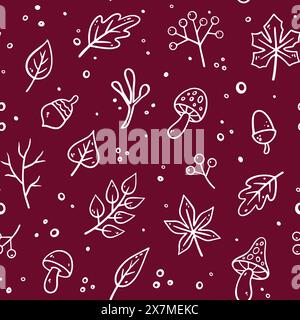 Nahtloses Herbstmuster. Vektor-Blumenillustration im Doodle-Stil. Herbstmuster mit Herbstelementen - Pilze, Eichenblätter, Ahornblätter, Herbstblätter, Eicheln, trockene Zweige. Stock Vektor