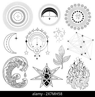 Handgezeichnetes Design-Set mit mystischen Symbolen und Naturelementen - Feuer, Wasser, Erde. Tattoo-, Poster- oder Altardruck; Esoterik, Wicca und gothi Stock Vektor