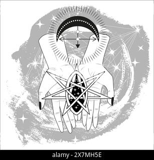 Handgezeichnete Illustration mit Pentagramm und mystischen Hexensymbolen in Händen von Wahrsagern oder Hexen. Design-Konzept für Tattoo-, Poster- oder Altarbilder, Stock Vektor