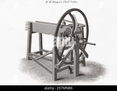 Druck von Mr. McDougal's Chaff Cutter aus dem 19. Jahrhundert. Ein Spreuschneider ist eine mechanische Vorrichtung, mit der Stroh und Heu in kleine Stücke geschnitten werden, bevor sie mit anderem Futter gemischt und an Pferde und Rinder verfüttert werden. Aus dem Cyclopædia: OR, Universelles Wörterbuch der Künste, Wissenschaften und Literatur, von Abraham Rees. Stockfoto