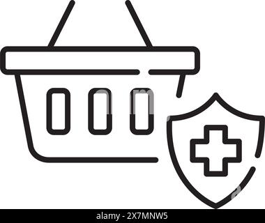 Warenkorb und Schild mit medizinischem Kreuz. Auswahl und Kauf einer Krankenversicherung. Pixel Perfect Vektor-Symbol Stock Vektor
