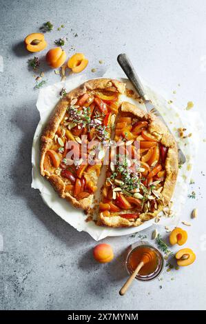 Abricos Galette halbiert auf grauem Hintergrund Stockfoto