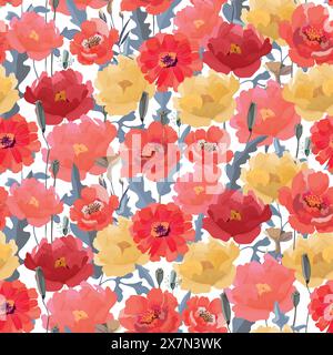 Nahtloses Vektor-Blumenmuster mit roten und gelben Blüten Stock Vektor