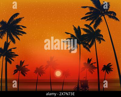 Sonnenuntergang mit Blick auf das Meer, Palmen, Meer, Horizont-Banner Stock Vektor