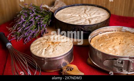 Hausgemachte Kuchen, Keksbacken. Statischer Rahmen, Vorbereitung für die Herstellung von Kuchen. Hausgemachte Süßwaren Stockfoto