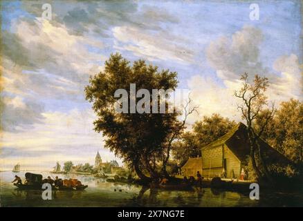 Salomon van Ruysdael, Flussszene mit Fähre, Landschaftsgemälde in Öl auf Leinwand, 1650 Stockfoto