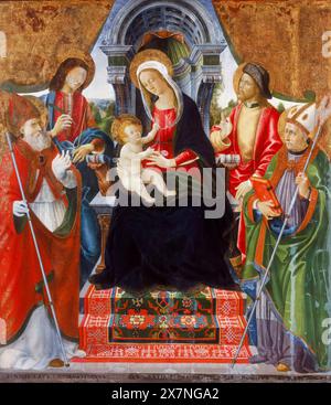 Jungfrau und Kind mit St. Nikolaus, St. Sebastian, St. roch und St. Martin, Gemälde in Tempera auf Leinwand und Brett übertragen von der Lucchese-Schule, 15. Jahrhundert Italienisch, 1475-1499 Stockfoto