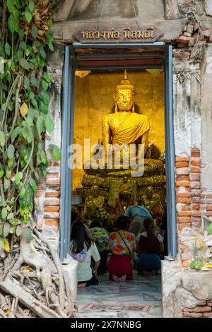 Samut songkhram Thailand - 14. April 2024 : asiatische Menschen verehren buddha im Wat Bang Kung Tempel in Bodhi Baum Sightseeing und berühmte alte l Stockfoto