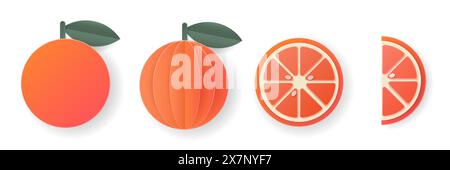 Set mit 3D-Grapefruit in Scheiben geschnittenen Zitrusfrüchten. Sommer-Lagen-Früchte. Saftige Essenselemente für Restaurants, Speisen, Getränke, Bars, Rezepte, summ Stock Vektor