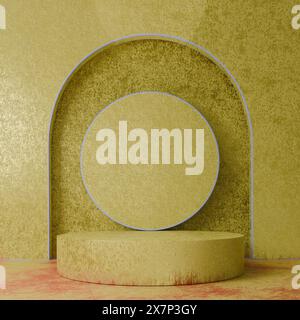 Minimalistischer Ausstellungsständer mit rundem gelbem Sockel und Hintergrund, ideal für die Produktpräsentation. 3D-Rendering Stockfoto